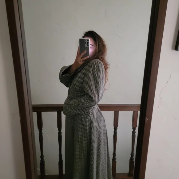 VINTAGE Micro Houndstooth Wool Long Riding Trench Coat Womens S/M Black ivory - Picture 4 of 14